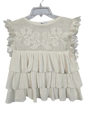 Zara Tiered Crochet Ruffle Top Size S Floral Shimmer Lace Coquette Prairie Fairy